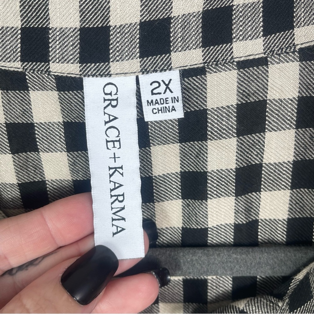 Plus Size Plaid Button Up Shirt with Floral Lace Embroidery Detail - Picture 2 of 5